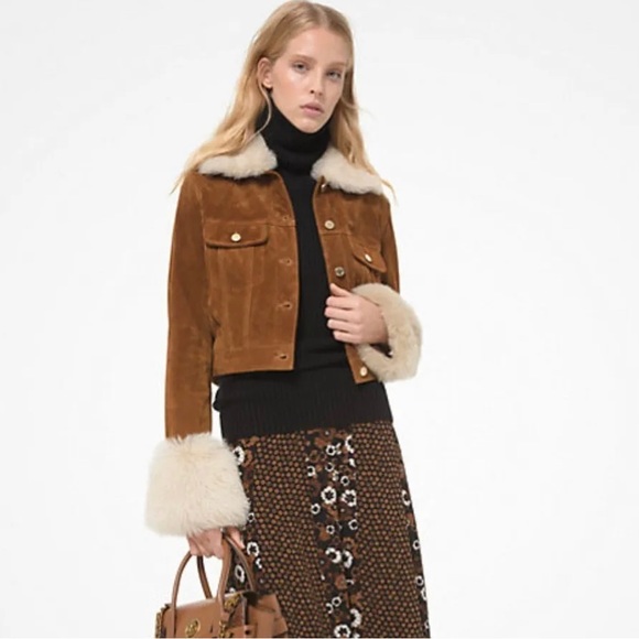 Michael Kors Jackets & Blazers - MICHAEL KORS Genuine Shearling Trim Suede Jacket Camel White Size XS